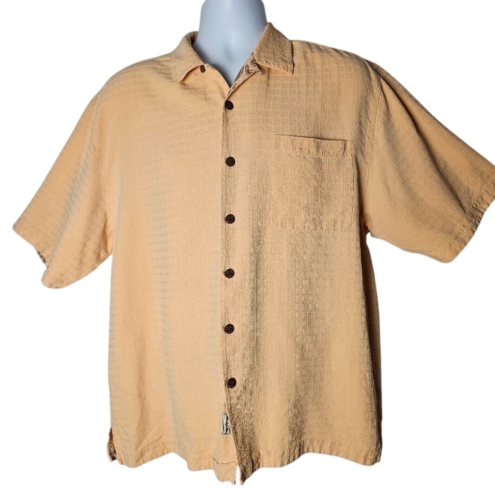 Montego Mon Mens Silk Embroidered Drinks On Me Shirt L Peach Tiki Resort - Picture 2 of 12